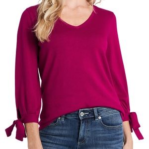 CeCe Tie Sleeve Cotton Blend Sweater